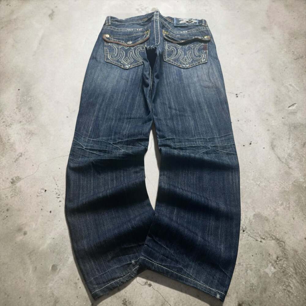 MEK Denim Boot Cut Jeans with Embroidered Pockets and Distressed Details